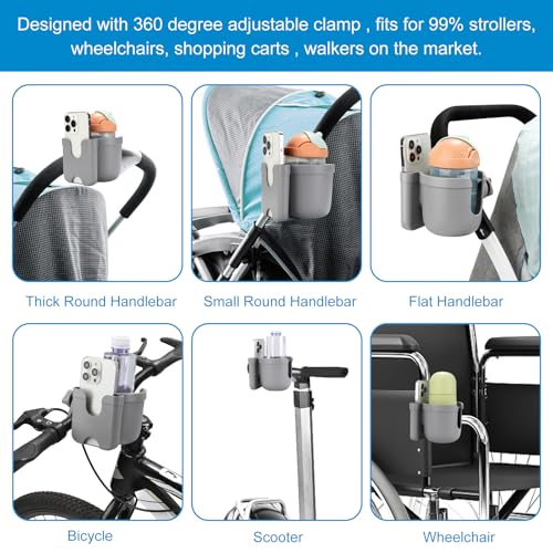 Accmor Stroller Cup Holder with Phone Holder, Bike Cup Holder, Universal Cup Holder for Uppababy Nuna Strollers, 2-in-1 Drinks Holder for Walker, Wheelchair, Scooter - color: All Grey