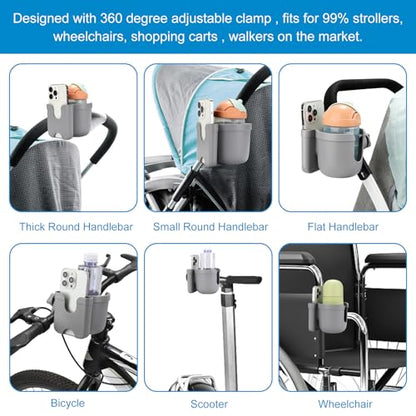 Accmor Stroller Cup Holder with Phone Holder, Bike Cup Holder, Universal Cup Holder for Uppababy Nuna Strollers, 2-in-1 Drinks Holder for Walker, Wheelchair, Scooter - color: All Grey