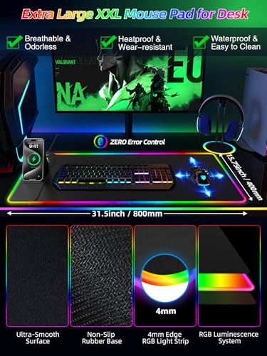 Mouse Pad with Wireless Charger Foldable Phone Holder, XXL RGB Gaming Mousepad 31.5"x15.8" Large Desk Mat for Keyboard, Black Desk Pad with Dual Qi Charging Station, 11 Colors 5 Modes - color: Black-Phone Holder-31.5"x15.8"(with Wall Charger)