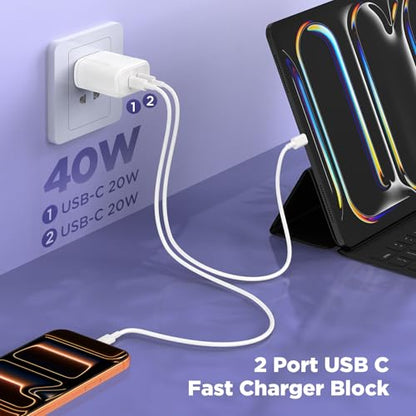 Essri 20W Gan Dual USB C Charger Block 2-Pack,PD 3.0 Fast Charging Wall Plug Power Adapter with Dual Type C Ports for iPhone 17/16/15/14/13 Pro Max,iPad Pro/Air/Mini,Galaxy S25 / S24,Google Pixel