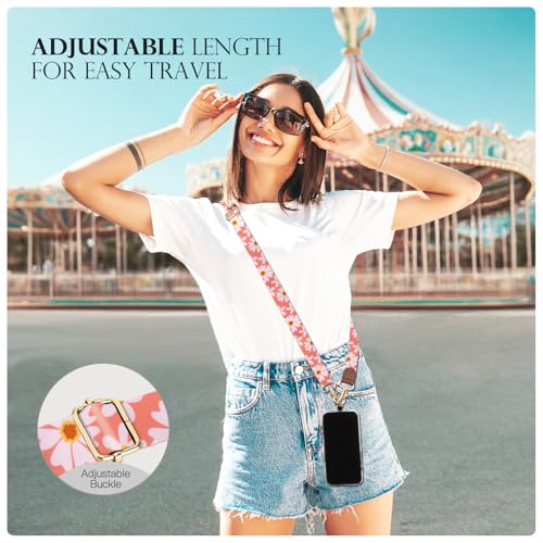 TiMOVO Phone Lanyard Crossbody Wrist Strap, Adjustable Anti-Theft Strap for Smartphone Case - color: Orange +Pink Flowers