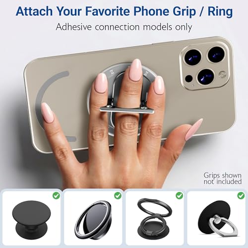 Magnetic Base Adapter for Phone Grips & Collapsible Sockets - Hidden Mirror, 2.8mm Aluminum, N55 Magnets, Removable for Charging, Compatible with MagSafe Cases (Silver) - color: Silver