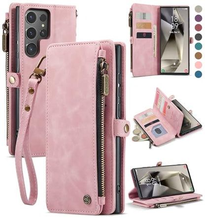 Defencase for Samsung Galaxy S24 Ultra Wallet Case with Card Holder, Pink | Durable PU Leather, with RFID Blocking Zipper Pocket, Wrist Strap, S24 Ultra Flip Phone Cases Cover with Stand for Women Men - color: Rose Pink