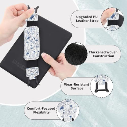 Secure Hand Strap for 6-7.5" Kindle and Tablets, Versatile Lightweight Faux Leather E-Book Grip Holder, Heavy-Duty E-Book Accessories for Reading Lover Gift (Blue Flowers) - color: Blue Flowers
