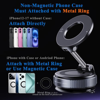 Magnetic Phone Holder for Car,Vacuum Suction Cup Phone Mount,Magsafe Car Mount for iPhone, No Need Charge,Folding Holder for iPhone and Android