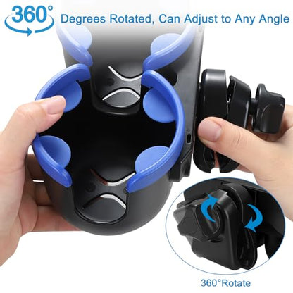 Accmor Stroller Cup Holder with Phone Holder, Bike Cup Holder, Universal Cup Holder for Uppababy Nuna Strollers, 2-in-1 Drinks Holder for Walker, Wheelchair, Scooter - color: Double Holder-Blue