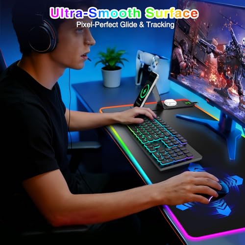 XXL RGB LED Gaming Mouse Pad with Magnetic Wireless Charger & Foldable Phone Holder, 31.5"x15.8" Extended Ultra-Smooth Desk Mat, 25 Lighting Effects, Non-Slip Base - color: RGB-Magnetic Stand-31.5"x15.8"-Left