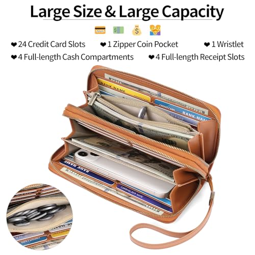 GAEKEAO RFID Leather Wristlet Wallet for Women with Grip Strap | Large capacity clutch wallet, credit card holder, wrist strap, zipper purse, travel and shopping - color: A11 Embossed Brown