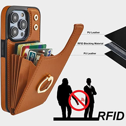 Folosu Compatible with iPhone 14 Pro Case Wallet with Card Holder, 360°Rotation Finger Ring Holder Kickstand, RFID Blocking Leather Protective Double Buttons Shockproof Cover 6.1 Inch Brown - color: Brown, size: iPhone 14 Pro