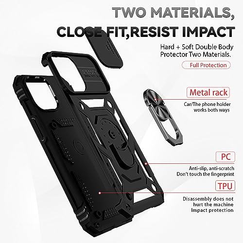 for iPhone 12 Mini Case with Camera Lens Cover HD Screen Protector, Dual Layer Military Grade Drop Protection Magnetic Ring Holder Kickstand Protective Phone Case for iPhone 12 Mini 5.4 inch (Black) - color: Black with camera cover Military-Grade 2nd gen