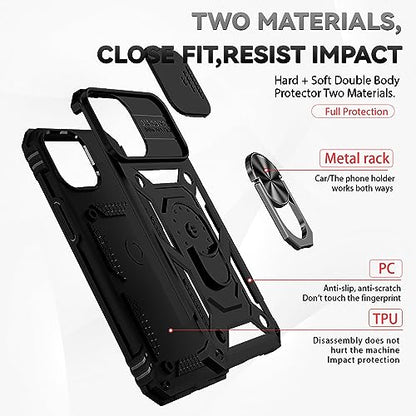 for iPhone 12 Mini Case with Camera Lens Cover HD Screen Protector, Dual Layer Military Grade Drop Protection Magnetic Ring Holder Kickstand Protective Phone Case for iPhone 12 Mini 5.4 inch (Black) - color: Black with camera cover Military-Grade 2nd gen