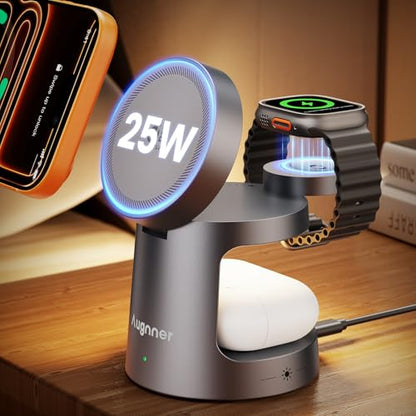 Qi2.2 25W 3 in 1 Charging Station for Apple Compatible with MagSafe Foldable Wireless Charger, Magnetic Charger with Night Light for iPhone 18/17/16/15/14/13/12, Apple Watch & AirPods (Grey) - color: Grey