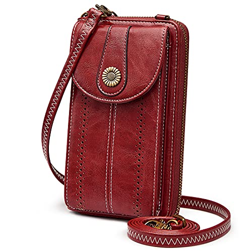 S-ZONE Women RFID Blocking Crossbody Cell Phone Purse PU Leather Wallet | Card Slots, Anti-theft, Multi Pockets, Detachable Adjustable Strap, Small, Travel Eveyday Shopping Outing - color: Red