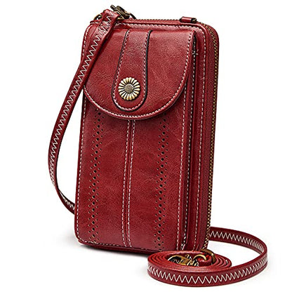 S-ZONE Women RFID Blocking Crossbody Cell Phone Purse PU Leather Wallet | Card Slots, Anti-theft, Multi Pockets, Detachable Adjustable Strap, Small, Travel Eveyday Shopping Outing - color: Red