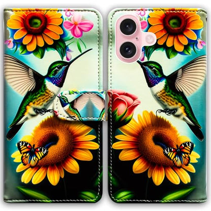 Bcov Case for iPhone 16,Green Hummingbird Butterfly Multifunction Leather Phone Case Wallet Flip Cover with Multi Card Slots Pocket Wrist Strap for Apple iPhone 16 - color: Green Hummingbird Butterfly