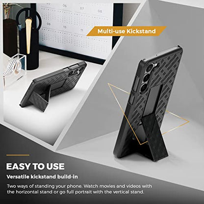 MOTIVE for Samsung Galaxy A14 Case with Belt Clip, Rigid, Kickstand | 6.6" | Ranger v1 Series, Black, 360° holster, open-top/open-bottom port access, textured grip, slim design - size: A14