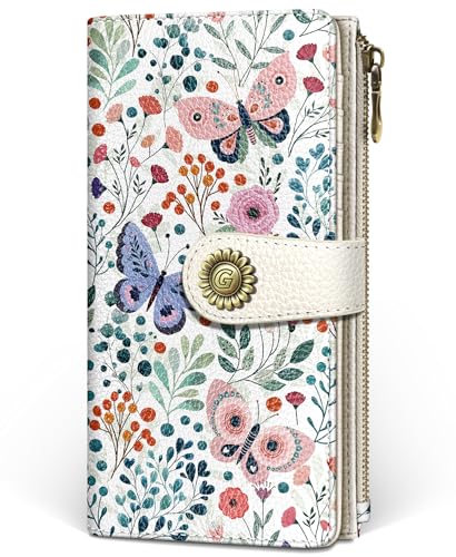 GIANCOMICS Butterfly Womens Wallet RFID Blocking, Credit Card Holder Bifold | Billfold, Cute Cash Purse, Travel Zipper Coin Pocket, Compact Clutch, PU Leather, ID Window, 11 Card Slots, Ladies Gift Woman - color: Butterflies and Flowers