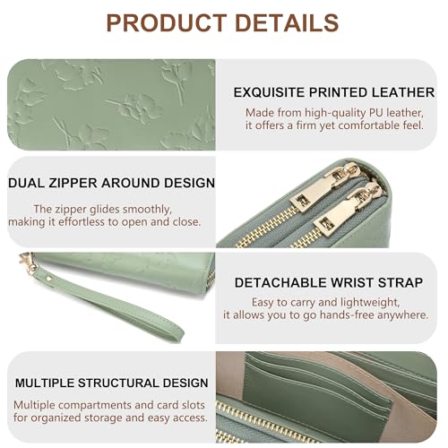yiijay Womens Wallet RFID Blocking Large Capacity Vegan Leather Double Zip Wristlet Wallet Card Holder Travel Ladies Clutch - color: Light Green