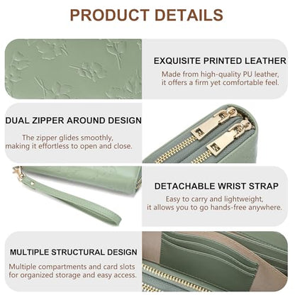 yiijay Womens Wallet RFID Blocking Large Capacity Vegan Leather Double Zip Wristlet Wallet Card Holder Travel Ladies Clutch - color: Light Green