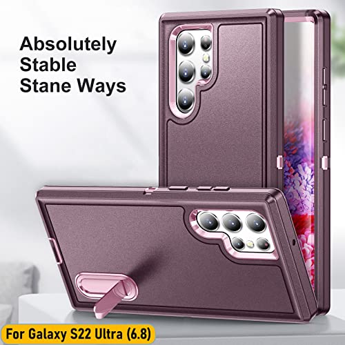 Case is Specially Designed for Galaxy S22 Ultra 6.8 Inch, Full Body Protection Heavy Duty Shock Absorbing 3 in 1 Silicone Rubber Built-in Stand with 1 Tempered Screen Protectors-Wine/Pink - color: Wine/Pink
