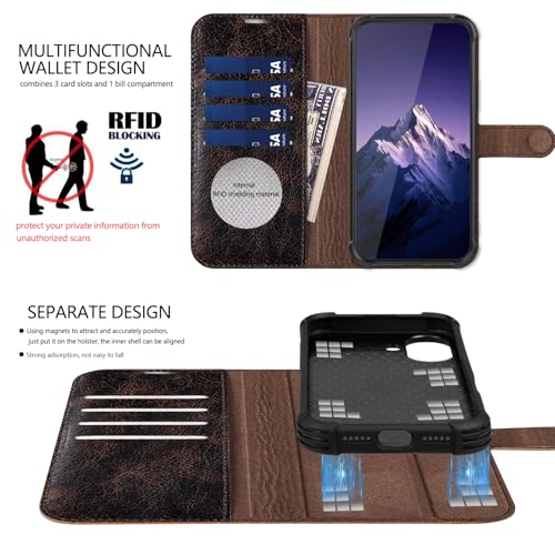 Leather Case Compatible with iPhone 16 Plus Wallet 6.7" | Genuine Leather 2-in-1 Magnetic Detachable Shockproof,Flip Folio Cover with Card Slot,Wireless Charging RFID Blocking Coffee - color: Brown Coffee, size: 16 Plus