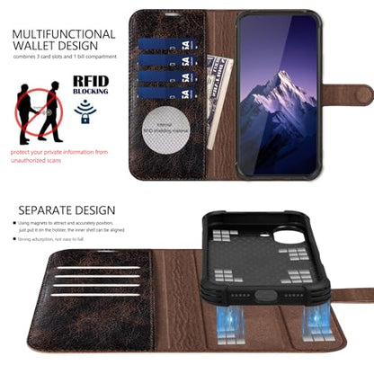 Leather Case Compatible with iPhone 16 Plus Wallet 6.7" | Genuine Leather 2-in-1 Magnetic Detachable Shockproof,Flip Folio Cover with Card Slot,Wireless Charging RFID Blocking Coffee - color: Brown Coffee, size: 16 Plus