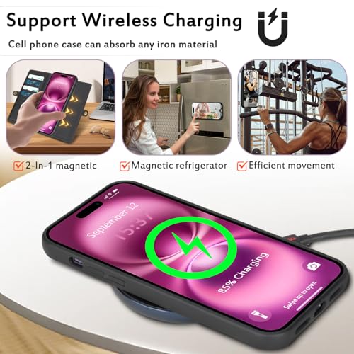 for Wallet Case Compatible with iPhone 16 Plus,Multi-Function Detachable 2 in 1 Magnetic iPhone 16 Plus Case Wallet,Flip Strap Zipper Card Holder Phone Case with Shoulder Straps (Black) - color: Black, size: iPhone 16 Plus