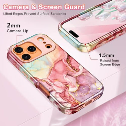 Btscase Compatible with iPhone 17 Pro Case 6.3 Inch 2025,Marble Pattern 3 in 1 Heavy Duty Shockproof Full Body Rugged Hard PC+Soft Silicone Drop Protective Women Girl Phone Cases, Rose Gold - color: A-Rose Gold, size: iPhone 17 Pro