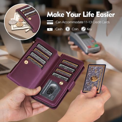Antsturdy Compatible with MagSafe iPhone 17 Pro Wallet Case,Wine Red | Detachable Magnetic Credit Card Holder,RFID Blocking,PU Leather Zipper Purse,Wrist Strap Kickstand,Flip Phone Cover for Women - color: (Detachable with Magsafe)-Wine Red