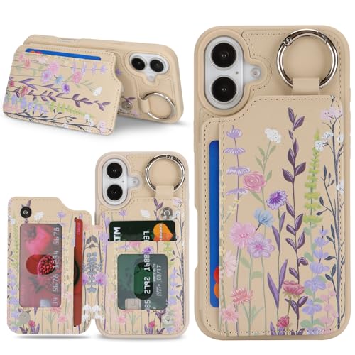 Ｈａｖａｙａ for iPhone 16 Case Wallet with Card Holder Keychain Ring Stand PU Leather Phone case Floral Flower with Credit Card Slots Women Men-Beige Flower 2 - color: Beige[floral flower2]