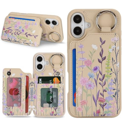 Ｈａｖａｙａ for iPhone 16 Case Wallet with Card Holder Keychain Ring Stand PU Leather Phone case Floral Flower with Credit Card Slots Women Men-Beige Flower 2 - color: Beige[floral flower2]