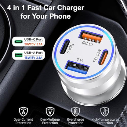 USB C Car Charger, 65W 4-Port Cigarette Lighter Adapter Car Phone Charger - color: Silver, size: 1 Pack