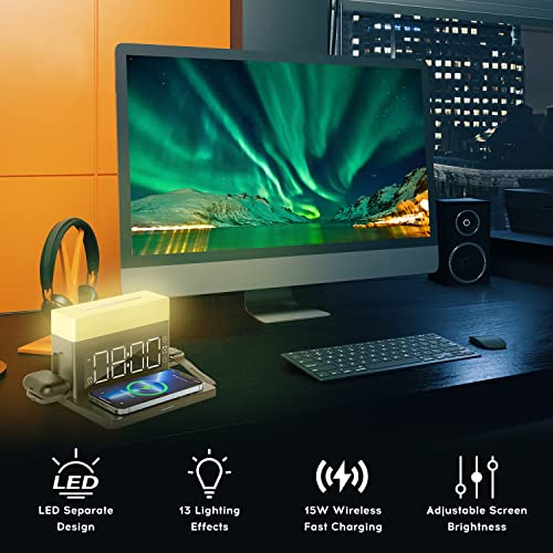Wireless Charger,6 in 1 Wireless Charging Station with Digital Alarm Clock & Night Light,15W Fast Charger Compatible with iPhone 14/13/12/11/XS Samsung Galaxy AirPods & Apple Watch (Black)