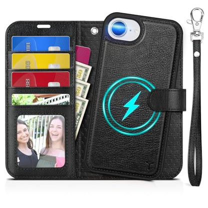 TUCCH Detachable 2-in-1 Case Wallet for iPhone 17e/16e 6.1", Textured Black | 4 Card Slots, RFID Blocking, Wireless Charging, Viewing Stand, Wrist Strap, PU Leather, Shockproof TPU, Magnetic, Flip Cover - color: Black - Textured