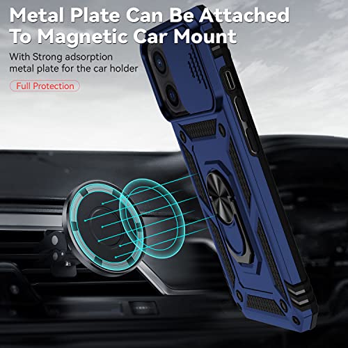 for iPhone 12 Mini Case with Camera Lens Cover HD Screen Protector, Dual Layer Military Grade Drop Protection Magnetic Ring Holder Kickstand Protective Phone Case for iPhone 12 Mini 5.4 inch (Navy) - color: Navy Blue with camera cover Military-Grade 2nd g