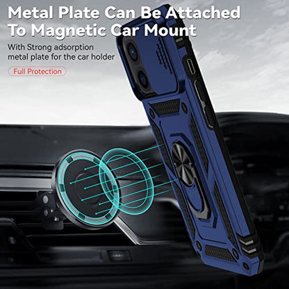 for iPhone 12 Mini Case with Camera Lens Cover HD Screen Protector, Dual Layer Military Grade Drop Protection Magnetic Ring Holder Kickstand Protective Phone Case for iPhone 12 Mini 5.4 inch (Navy) - color: Navy Blue with camera cover Military-Grade 2nd g
