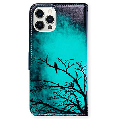 Bcov Case for iPhone 14 Pro, Black Bird Green Leather Flip Phone Case Wallet Cover with Card Slot Holder Kickstand for iPhone 14 Pro - color: Black Bird Pattern