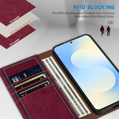 ZZXX for Samsung Galaxy S25 FE Wallet Case with [RFID Blocking] Card Slot Stand Strong Magnetic PU Leather Flip Fold Protective Phone Case for Samsung Galaxy S25 FE Case Wallet(Wine Red-6.7 inch) - color: Wine Red