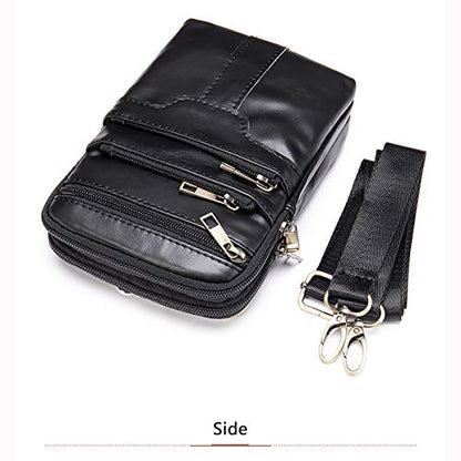 Cell Phone Shoulder Bag Leather Men, Waterproof Phone Waist Bag Messenger Bag Crossbody Purse with Belt Loop Wallet Case - color: Black