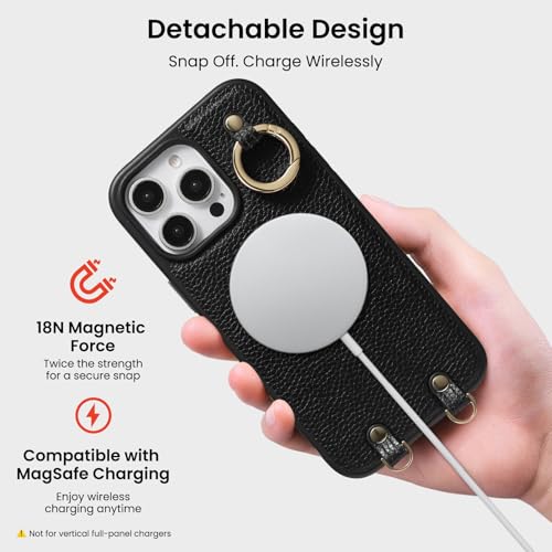 ORNARTO Magnetic Detachable Wallet Case for iPhone 16 Pro Max, Black | Compatible with MagSafe, Crossbody Wallet Case with Card Holder Wrist Strap, RFID Blocking PU Leather Wallet Phone Cover 6.9” - color: Black