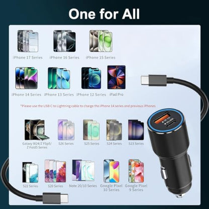 63W Super Fast Car Phone Charger and 4FT Cable for Samsung Galaxy A57 5G A27 A37 A17 A56 A36 A26 A16 S22 Ultra/S21 Plus/S21 FE S20 A54 A34 Dual Port(USB C 45W+QC 18W) Adapter Cigarette Lighter Plug