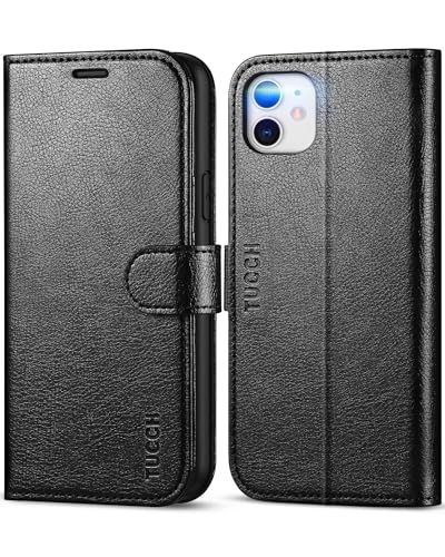 TUCCH Wallet Case for iPhone 11 (6.1") 2019, 3 Card Holders, Textured Black | RFID Blocking, Viewing Stand, Shockproof TPU Shell, PU Leather, Magnetic Closure, Protective Folio Flip Cover - color: Black - Textured