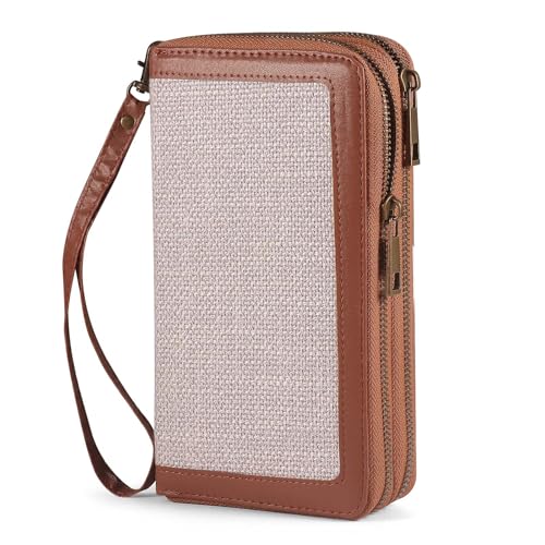 Double Zipper Wallet RFID Blocking Cellphone Wristlet for Women Large Capacity Multi Card Clutch Purse with Removable Strap, Grey Linen Brown - color: Grey Linen Brown