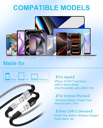 iPhone 17e 17 Carplay Cable USB C Charger Fast Charging for iPhone 18 Pro - color: 2Pack-Black, White, size: 3FT, style: USB to USB C
