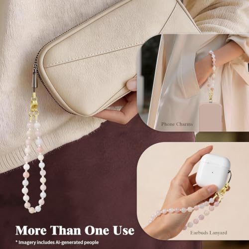 SURPHY Natural Stone Phone Charm, Beaded Phone Wrist Strap with Tether Tab - color: Aventurine Shell Pink