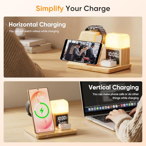 6 in 1 Wireless Charging Station for Samsung Android with Clock & Night Light,Wireless Charger Beside Clock for Galaxy S26 Ultra S25 S24,Galaxy Watch 8/7 Buds 4/3 Pro,Not for Watch 9/Ultra 2 - color: Wood