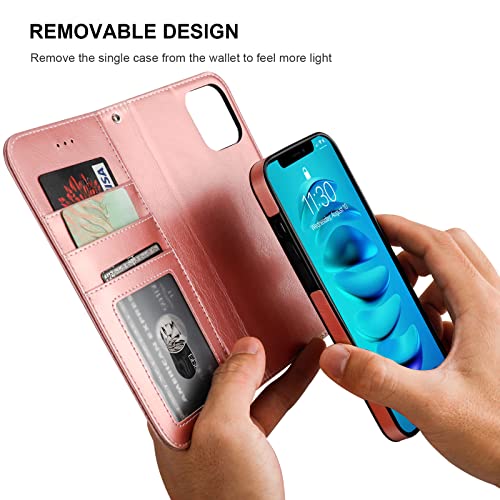 Bocasal Detachable Wallet Case Card Holder for iPhone 14, Rose Gold | RFID Blocking Kickstand Card Slots Holder PU Leather Magnetic Shockproof Wrist Strap Removable Flip Protective Cover 6.1 inch - color: Rose Gold