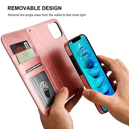 Bocasal Detachable Wallet Case Card Holder for iPhone 14, Rose Gold | RFID Blocking Kickstand Card Slots Holder PU Leather Magnetic Shockproof Wrist Strap Removable Flip Protective Cover 6.1 inch - color: Rose Gold