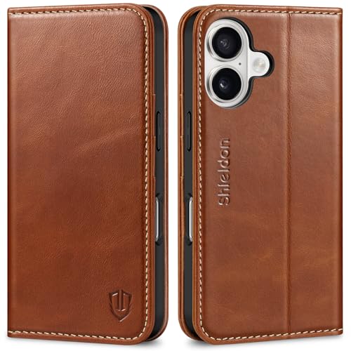 SHIELDON Genuine Leather Case Wallet for iPhone 17 6.3" 2025, Retro Brown | Flip Magnetic Cover, RFID Blocking, Credit Card Holder, Kickstand, Book Design, Shock-Absorbent Phone Cover - color: Retro Brown