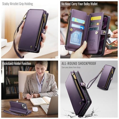 Defencase for iPhone 13 Wallet Case with RFID Blocking Card Holder, Purple | Durable Soft PU Leather, with Zipper Pocket, Wrist Strap, Fashion Snap Flip Phone Cases Cover with Stand for Women and Men - color: Purple